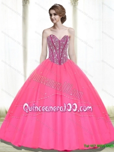 2015 Most Popular Ball Gown Beading Sweetheart Hot Pink Quinceanera Gowns