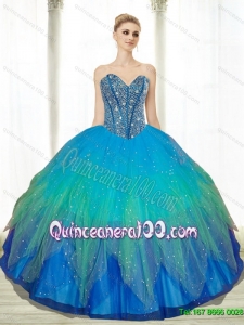2015 Most Popular Beading Sweetheart Tulle Turquoise Quinceanera Gowns