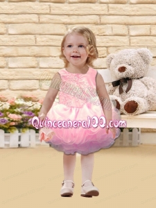2014 Cute Scoop Backless Knee-length Pink Little Girl Dress with Beading and Ruffles