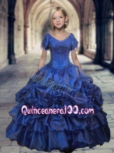 Luxurious Royal Blue V-neck Short Sleeves Beaded Decorate Little Girl Pageant Dress