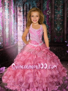 Ball Gown Pink Floor-length Beading Little Gril Pageant Dress