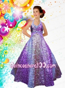Unique A-Line Halter Floor-length Little Girl Pageant Dress with Paillette