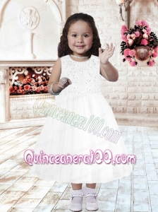 A-Line Scoop Tea-length Flower Girl Dress with Beading for 2014