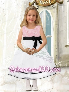 Popular A-Line Scoop Tea-length Flower Girl Dresses with Bowknot