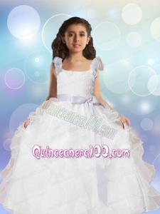 Square Sashes Floor-length 2014 Flower Girl Dress with Lace and Ruffles