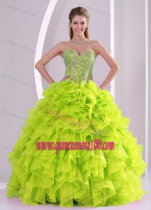 Cute Ball Gown Ruffles and Beading 2013 Fall Quinceanera Gowns in Yellow Green