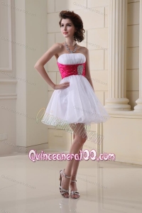 A-line Strapless Beading and Ruching Organza White Dama Dress for Quinceaneras