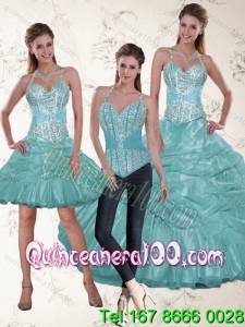 Wholesale and Fashionable Halter Top Aqua Blue Quince Dresses with Beading and Ruffles