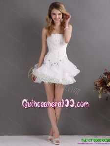 Cheap White Strapless Mini Length Dama Dresses with Rhinestones