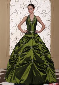 Exquisite Halter Embroidered Olive Green Dress for Quinceaneras