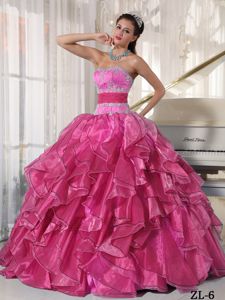 Strapless Quinces Dress with Ruffles and Appliques in Coral Red