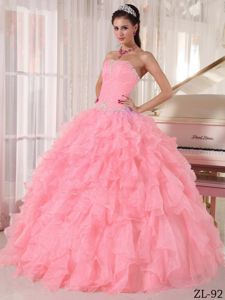 Beading Strapless Floor-length Pink Quinceanera Dress with Ruffles