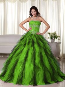 Green Ball and Black Appliques Sweet Sixteen Dresses Made in Tulle