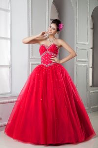 New Red Sweetheart Beading Pleated Floor Length Dress for Sweet 15