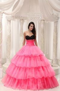 Pink and Black Sweetheart Tiered Beaded Dress for Quince
