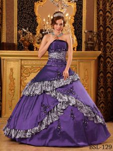 Unique Purple Strapless Appliques Quinces Dress with Zebra Pattern