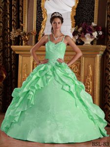 Apple Green Spaghetti Straps Ruches Bust Ruffled Quinces Dresses