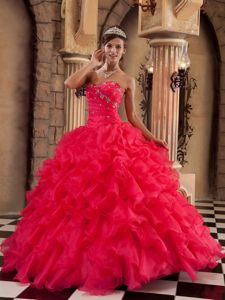 Coral Red Strapless Beading Appliques Ruffled Dress for Sweet 15