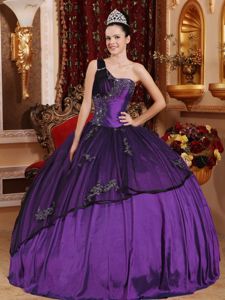 Beading Purple one Shoulder Appliqued Ball Gown Quince Dresses