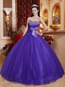 Purple Sweetheart Beading Dresses for 15 with a Bowknot on Waist