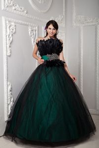 Feather Decorate Black and Green Sweet Sixteen Dresses with Belt