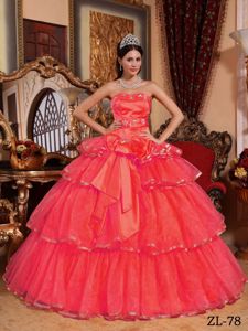 Coral Red Layered Organza Floor-length Quinceanera Gown Dresses