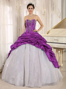 Luxurious Purple and White Quinceanera Party Dress with Pick-ups