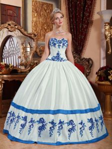 Blue Appliques and Frills Accent White Sweetheart Quinceanera Gown