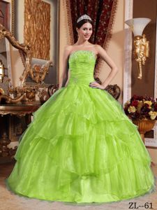 Ruched Yellow Green Strapless Sweet Sixteen Dresses with Tiers
