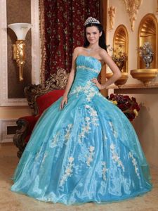 Organza Strapless Aqua Blue Dresses for Sweet 16 with Appliques