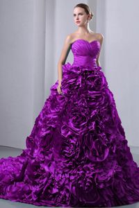 Sweetheart Brush Train Rolling Flowers Purple Quinceanera Dress