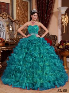 Beaded and Ruched Teal Ball Gown Sweet 15 Dresses with Ruffles