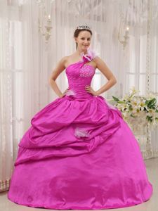 Flowery and Beaded One Shoulder Quinceanera Dresses in Hot Pink