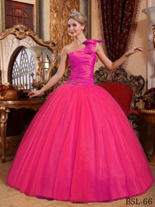 Ball Gown one Shoulder Ruched Hot Pink Quinceanera Gowns