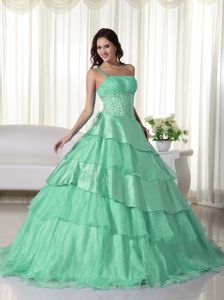 Appliqued and Ruffled One Shoulder Quinces Dresses in Apple Green