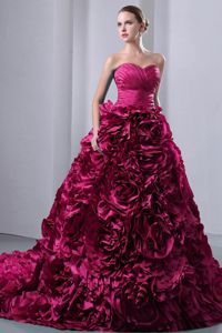 Fuchsia Brush Train Quinceanera Dresses with Ruches Rolling Flowers