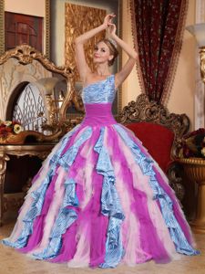 Multi-color Zebra Print Decorated Quinceanera Dress with One Shoulder Neck