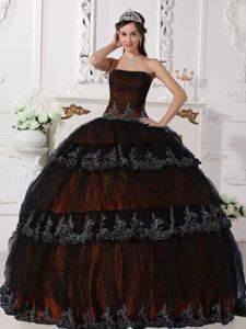 Brown Strapless Taffeta Quinceanera Dress with Black Tulle Overlay