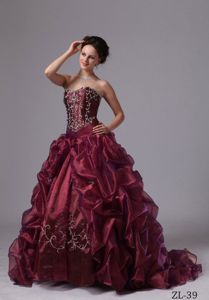 Burgundy Sweep Train Quinceanera Dresses with Embroidery