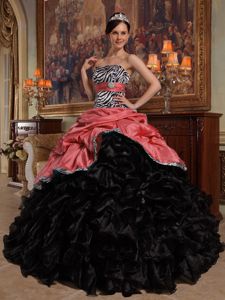 Zebra Print Black and Red Quinces Dresses with Ruffles and Pick-ups