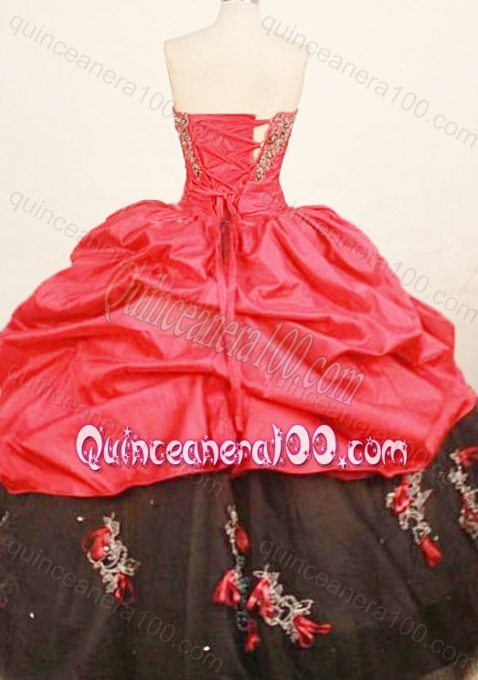 Cheap Ball Gown Strapless Red and Black Appliques Pick-Ups Quinceanera Dress