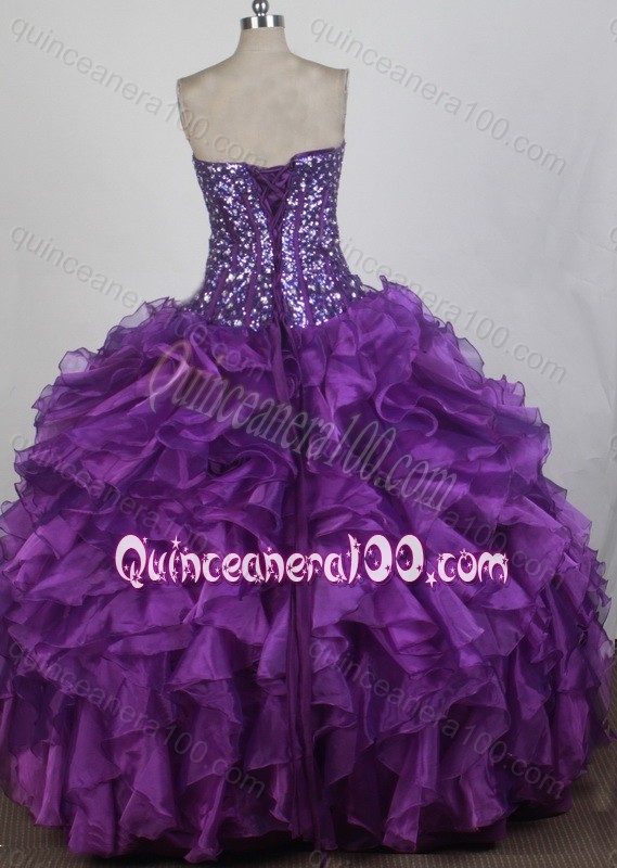 Sweetheart Ball Gown Beading Eggplant Purple Ruffle Organza Sequins Quinceanera Dress