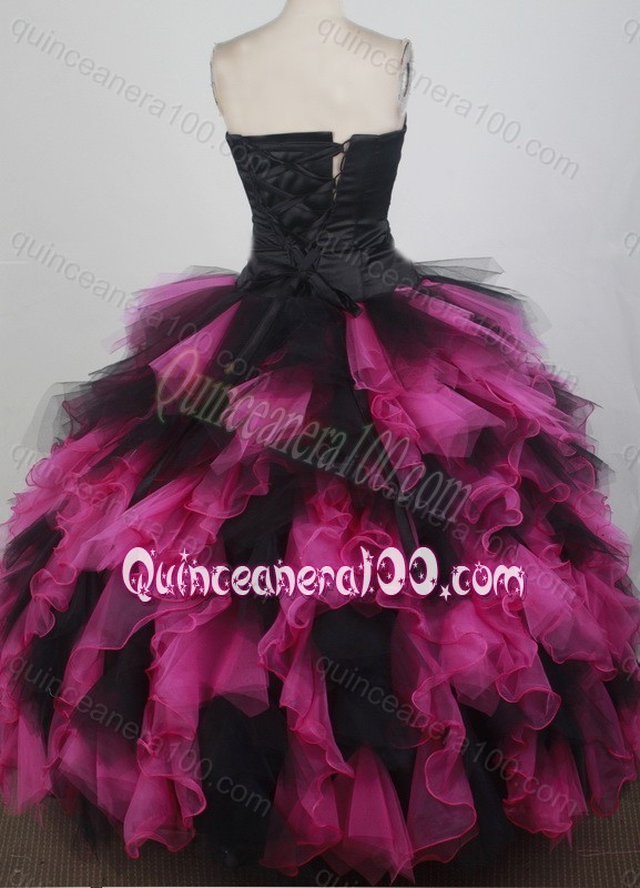 Sweetheart Ball Gown Beadings and Hand Made Flower Pink and Black Quinceanera Dress