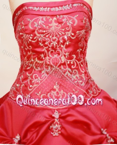 Cheap Ball Gown Strapless Coral Red Quinceanera Dress With Pick-ups And Embroidery
