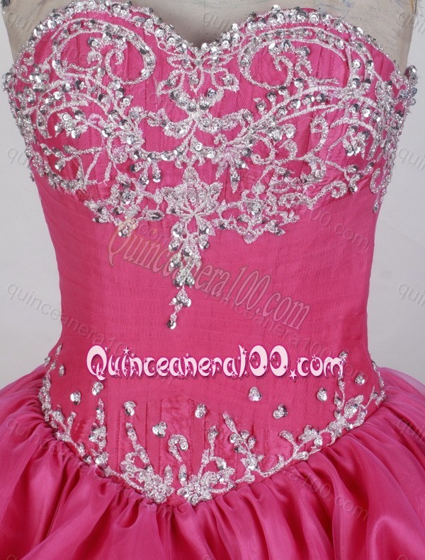 Sweetheart Ball Gown Beading and Ruffles Taffeta and Organza Hot Pink Quinceanera Dresses