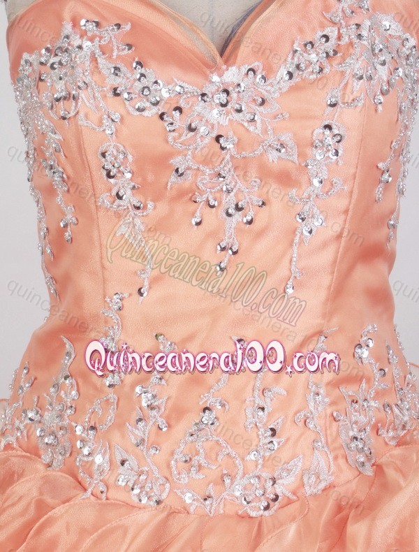 Sweetheart Beadings Embroidery Orange Ruffles Discount Quinceanera Dress