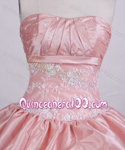Exquisite Pink Strapless Appliques And Beading Quinceanera Dresses With Pick-ups