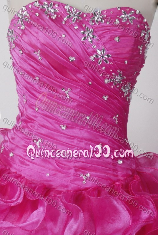 Elegant Hot Pink Ball Gown Strapless Quinceanera Dress with Beading And Ruffles