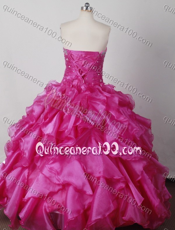 Elegant Hot Pink Ball Gown Strapless Quinceanera Dress with Beading And Ruffles