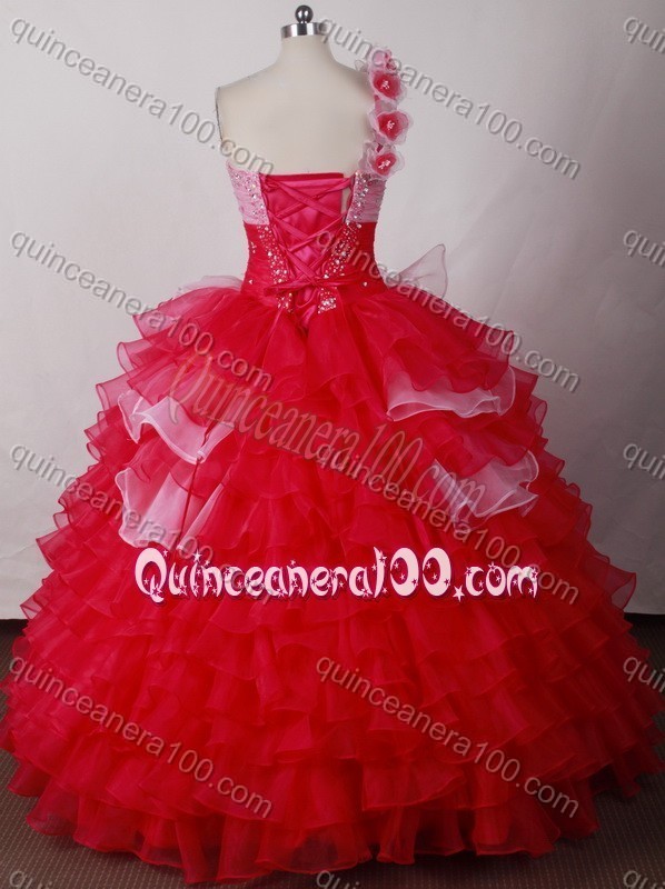 Perfect Red Ball Gown One Shoulder Beading And Ruffles Quinceanera Dress